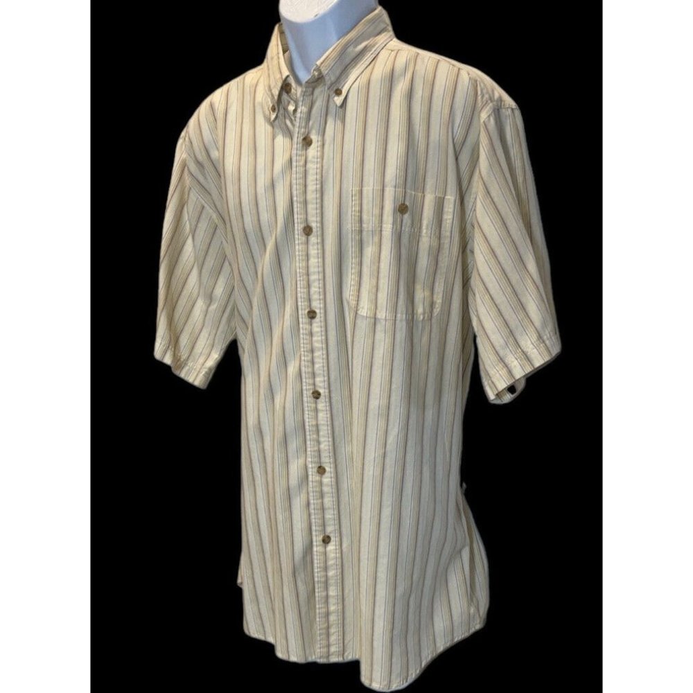 Wrangler Rugged Wear Short Sleeve Striped Beige Shirt Men's XXL?  Outdoor